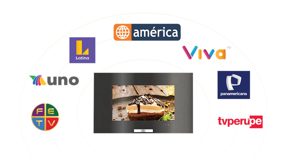 Brushed stainless steel kitchen TV with popular streaming platforms and application logo.