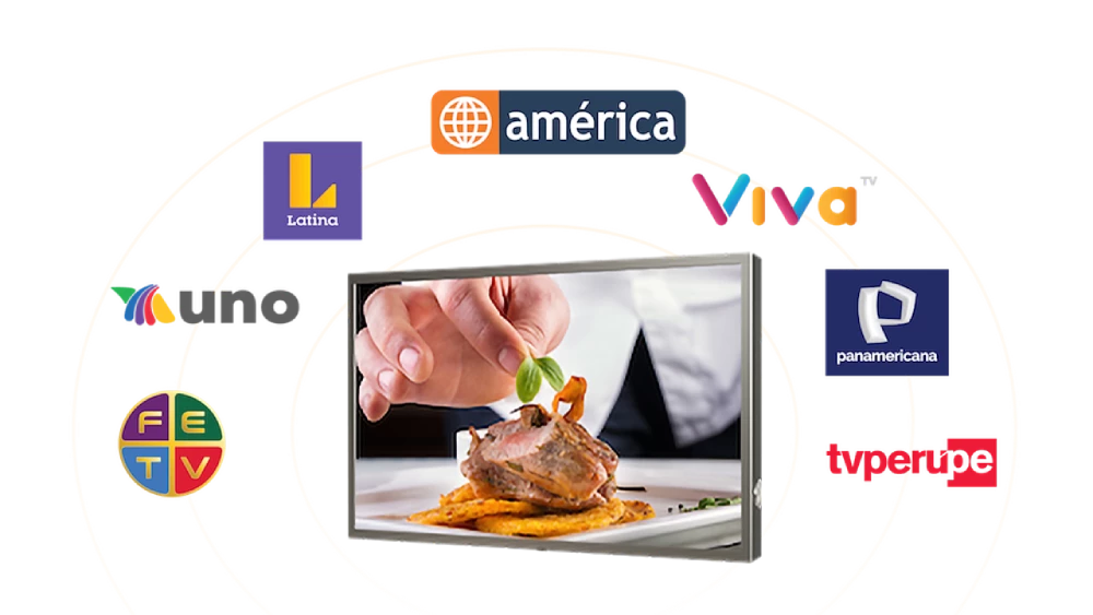Brushed stainless steel kitchen TV with popular streaming platforms and application logo.