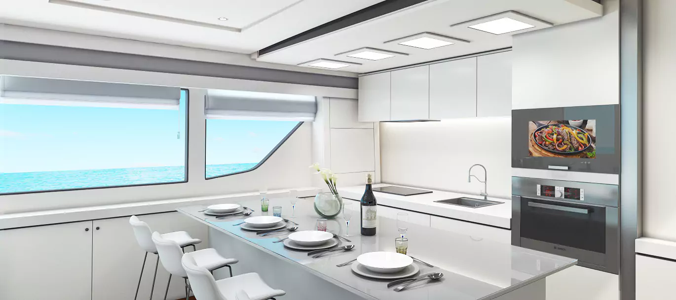 Wide glass window in an elegant kitchen TV above an oven.