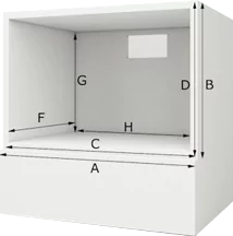 A white cabinet with its dimensions and plain background.