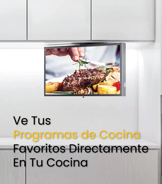 A kitchen TV underneath a white cabinet to watch your favorite cooking show.