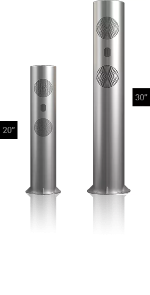 20-inches and 30-inches stainless steel cylinder speakers in a white background.