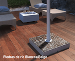 Icon of a beige river stone base for an outdoor TV on a wooden deck board floor.