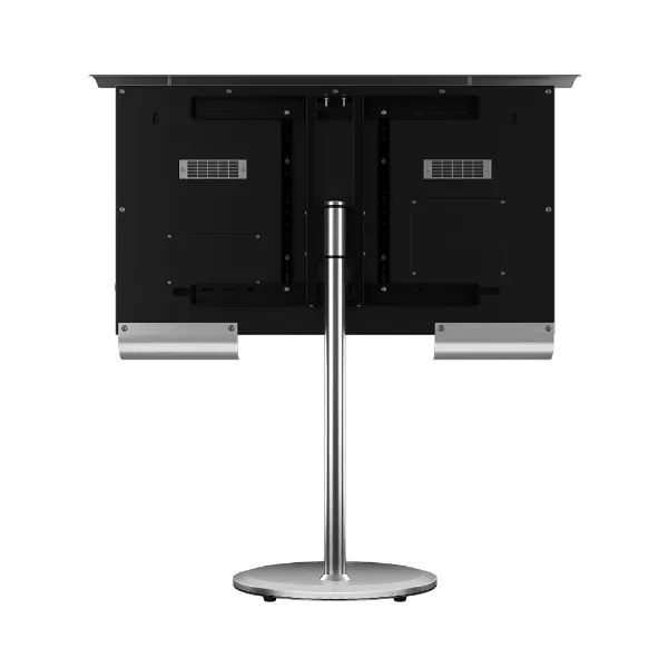 A back view of an outdoor TV with a swivel stainless steel stand.