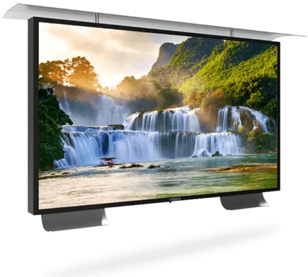 Outdoor TV with a rain cup and audio streamers shows beautiful waterfalls on screen.