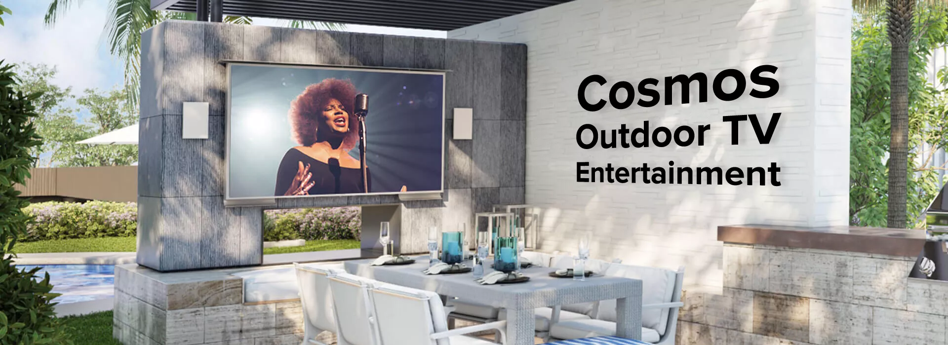 Outdoor TV entertainment in a hard water fall stand in a backyard.