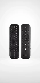 Thumb of two remote controls with built-in keyboard to navigate outdoor TV.