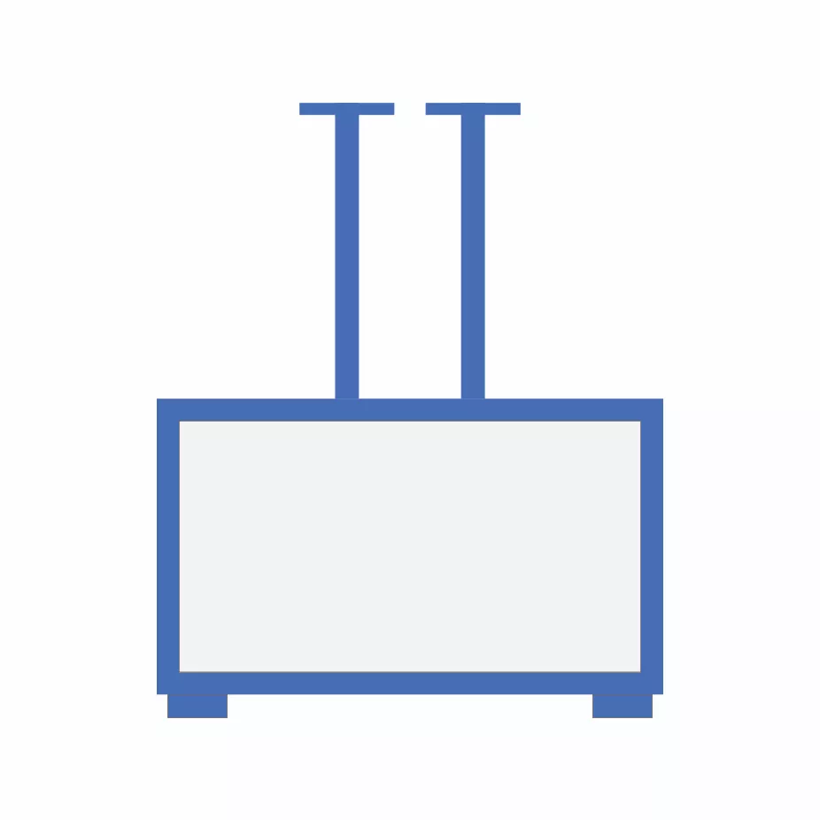 Dibujo técnico en azul de un televisor Cosmos Marine para exteriores con montaje en techo.