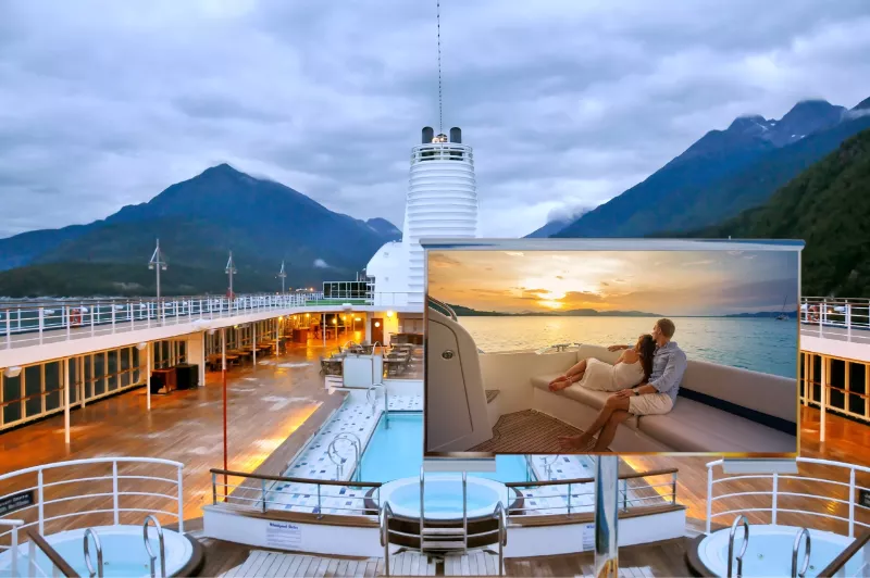 Tropical paradise in nice setting of mountains and a floor mounted outdoor TV in right corner.