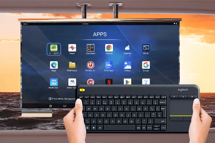 Cosmos marine outdoor TV with its compatible operating systems via logitech keyboard.