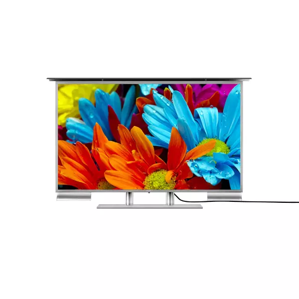 Table-mounted outdoor TV on a white surface shows colorful flowers.