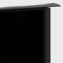 Matte black colored outdoor television edge with removable sun cap in a plain white background.