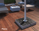 Thumbnail black slate stand for an outdoor TV on a wooden deck board floor.