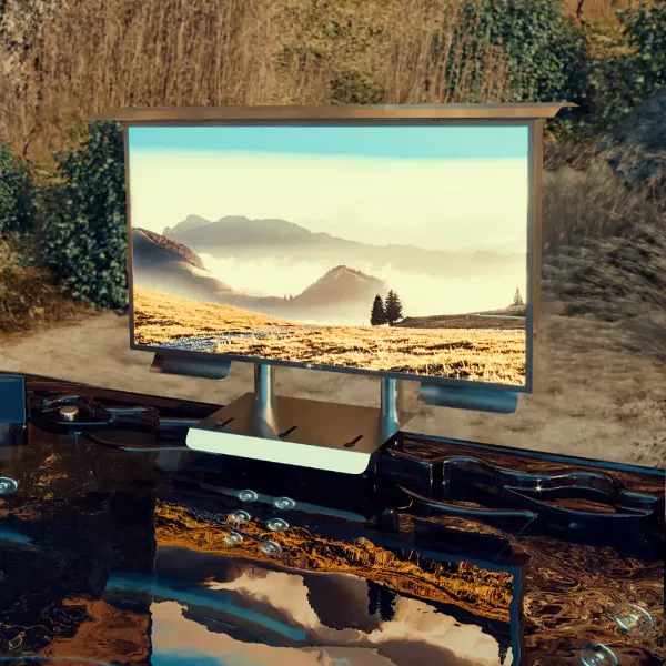 A hot tub mount outdoor TV on top of a table with a nature background.