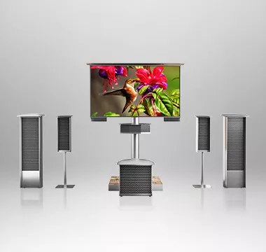 Stone self-standing Cosmos outdoor TV with soundwave theater speakers.