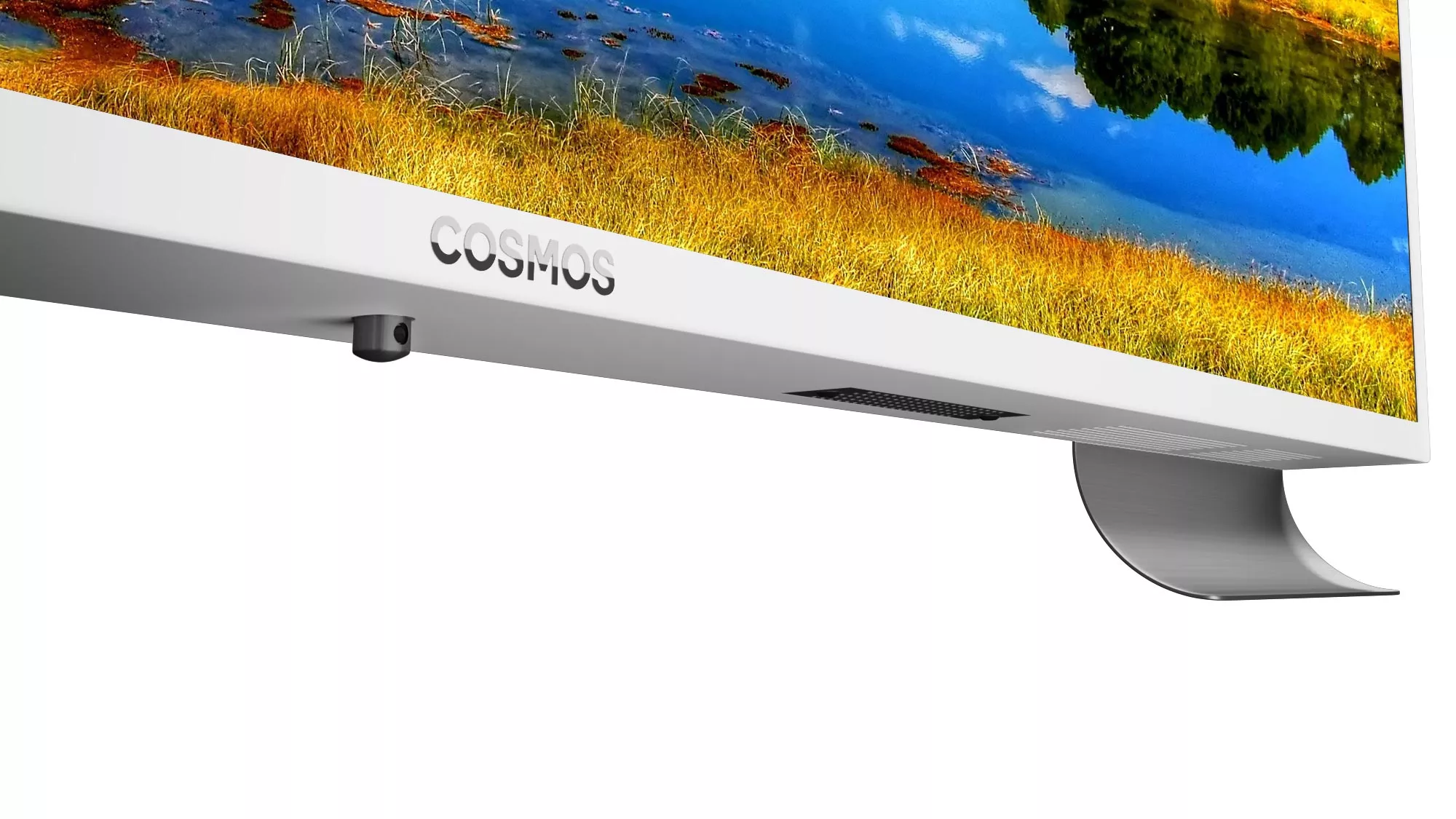 Matte white stainless steel framed Cosmos outdoor TV.