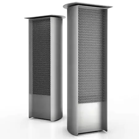 Two full-size stainless steel main speakers with plain background.