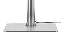 Stainless steel stand for an outdoor TV with white background.