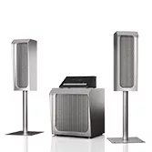 Premium touch screen soundwave concert speakers for outdoor TV in a white setting.