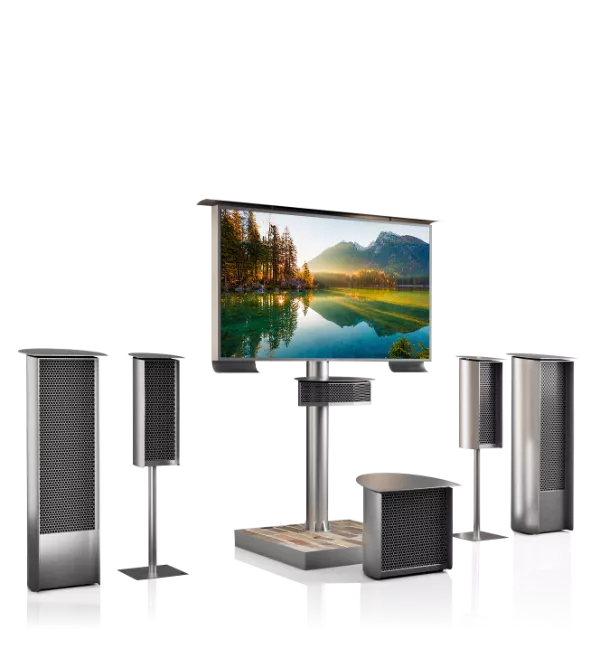 Stone-base stand outdoor TV with a soundwave theater weather-resistant sound system.