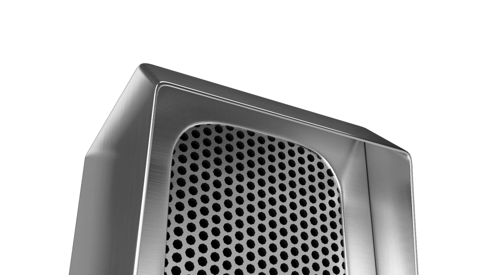 A sound-wave concert speaker made of stainless steel.