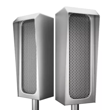 Two sound-wave speakers for an outdoor TV with a white background.