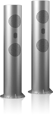 Two soundwave cylinder speakers with a white background