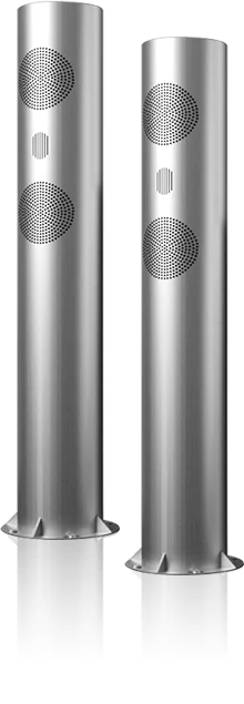 Weather-resistant cylinder speakers with a white background.