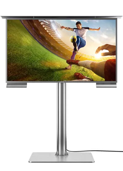 Self-standing outdoor TV with white background.