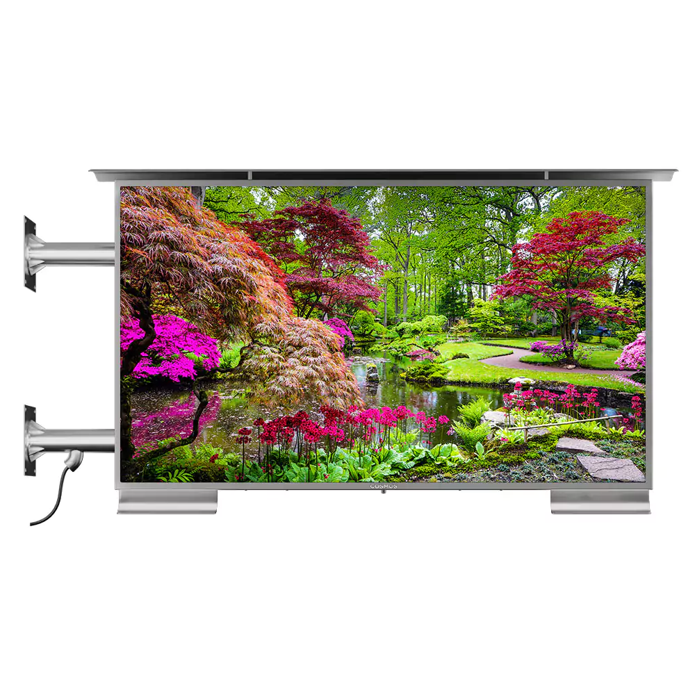 Front view of a side wall-mounted outdoor TV with a white background.