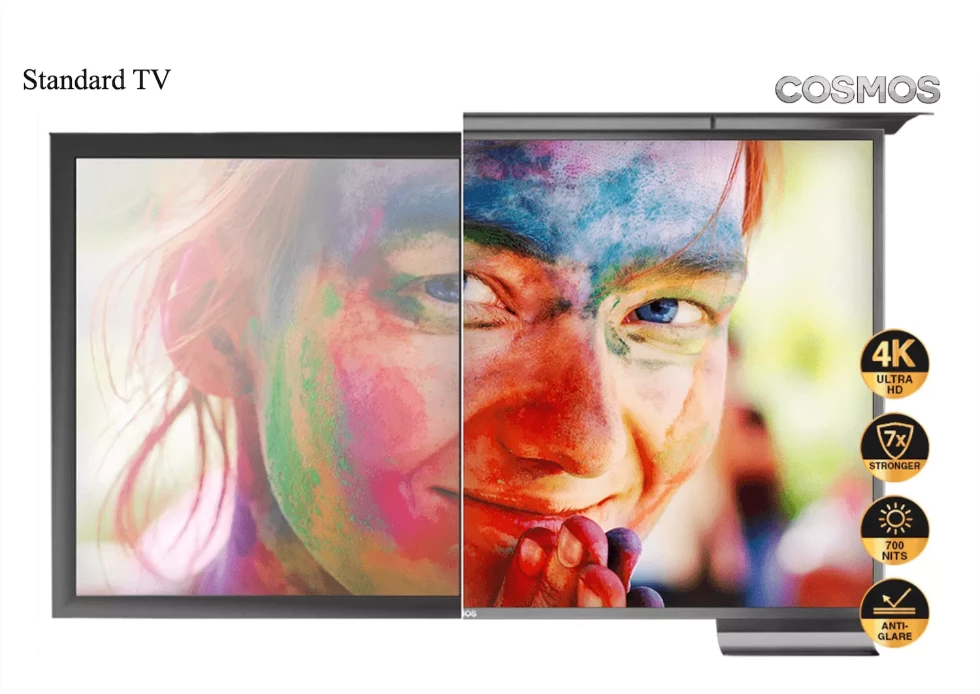 Colorful face of a cheerful woman is displayed on an anti-glare outdoor TV.