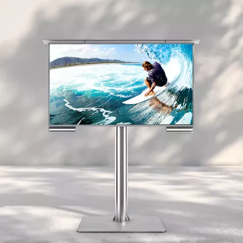 Man riding a wave on top of a surfboard on an outdoor TV with a white background.