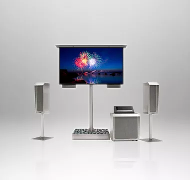 Stone self-standing Cosmos outdoor TV with soundwave concert speakers.