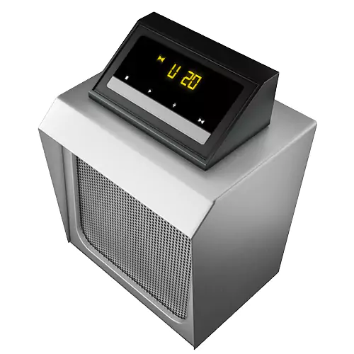 A touch-screen-controlled sound wave subwoofer on a white surface.