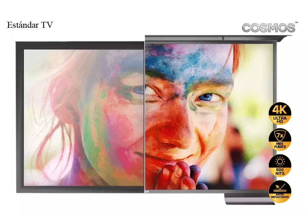 La colorida cara de una mujer alegre se muestra en un televisor exterior antirreflejos.