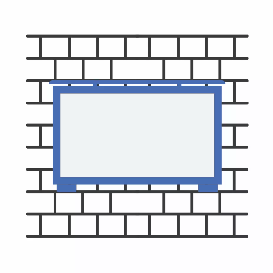 Dibujo técnico en azul de un televisor Cosmos Marine para exteriores con montaje en pared sobre fondo blanco.