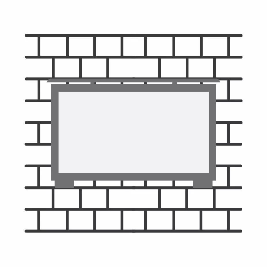 Dibujo técnico de un televisor Cosmos Marine para exteriores con montaje en pared sobre fondo blanco.