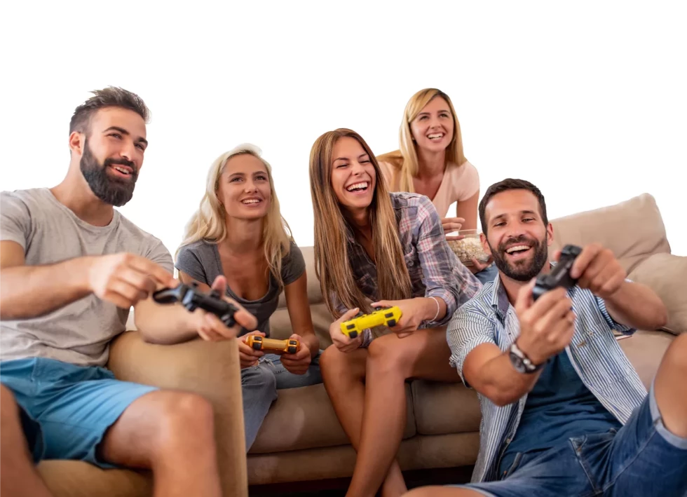 A group of peers having fun while playing video games together.