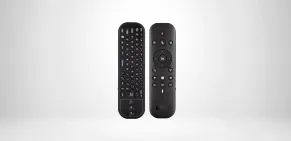 Two black remote controls with a built-in keyboard to navigate your outdoor TV.