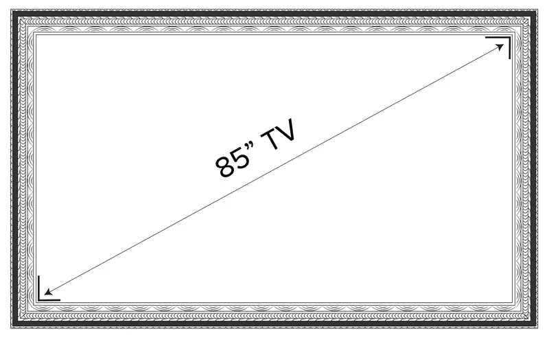 Esquema de un TV espejo de 85 pulgadas con un diseño de marco extraordinario.