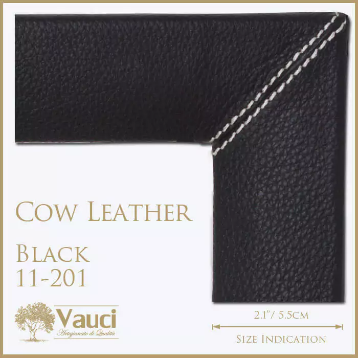Cow leather black vauci frame with its size indication on a white background.