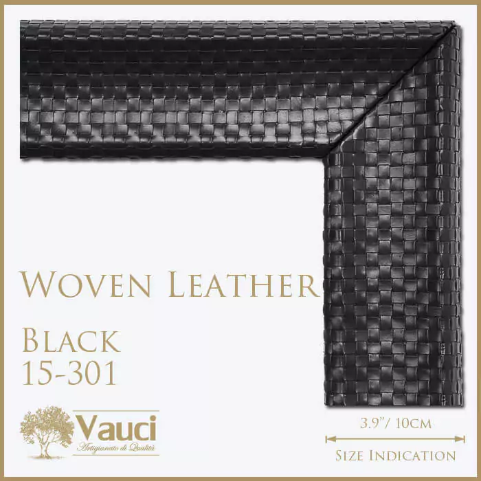 Woven leather black 15-301 vauci frame with its size indication on a white background.