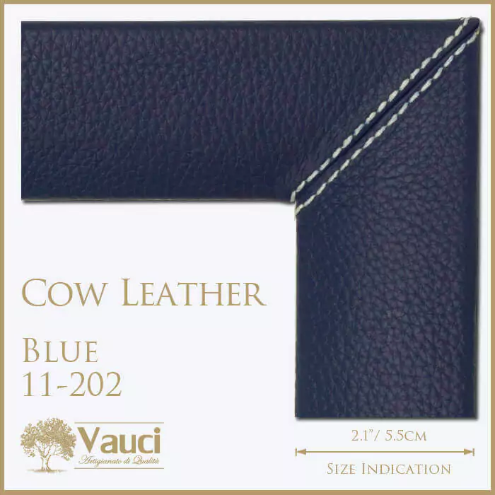 Cow leather blue vauci frame with its size indication on a white background.