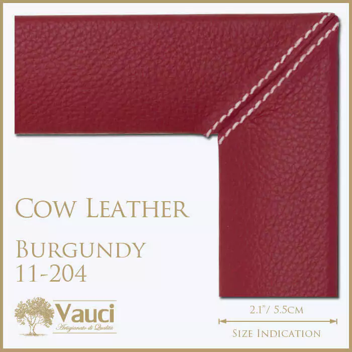 Cow leather burgundy vauci frame with its size indication on a white background.