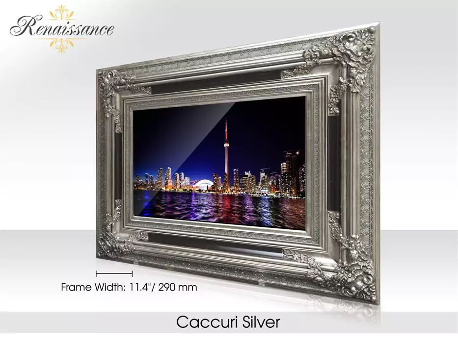 Caccuri silver Renaissance-framed for smart mirror TV in a white area.
