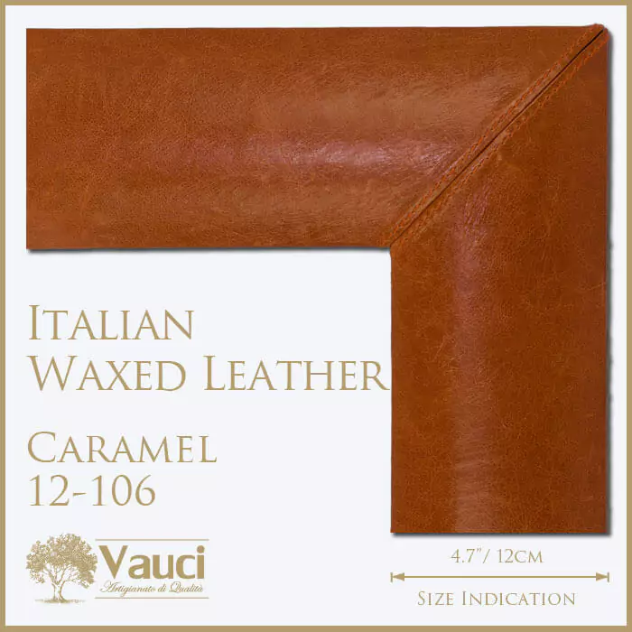 Italian waxed leather caramel vauci frame with its size indication on a white background.