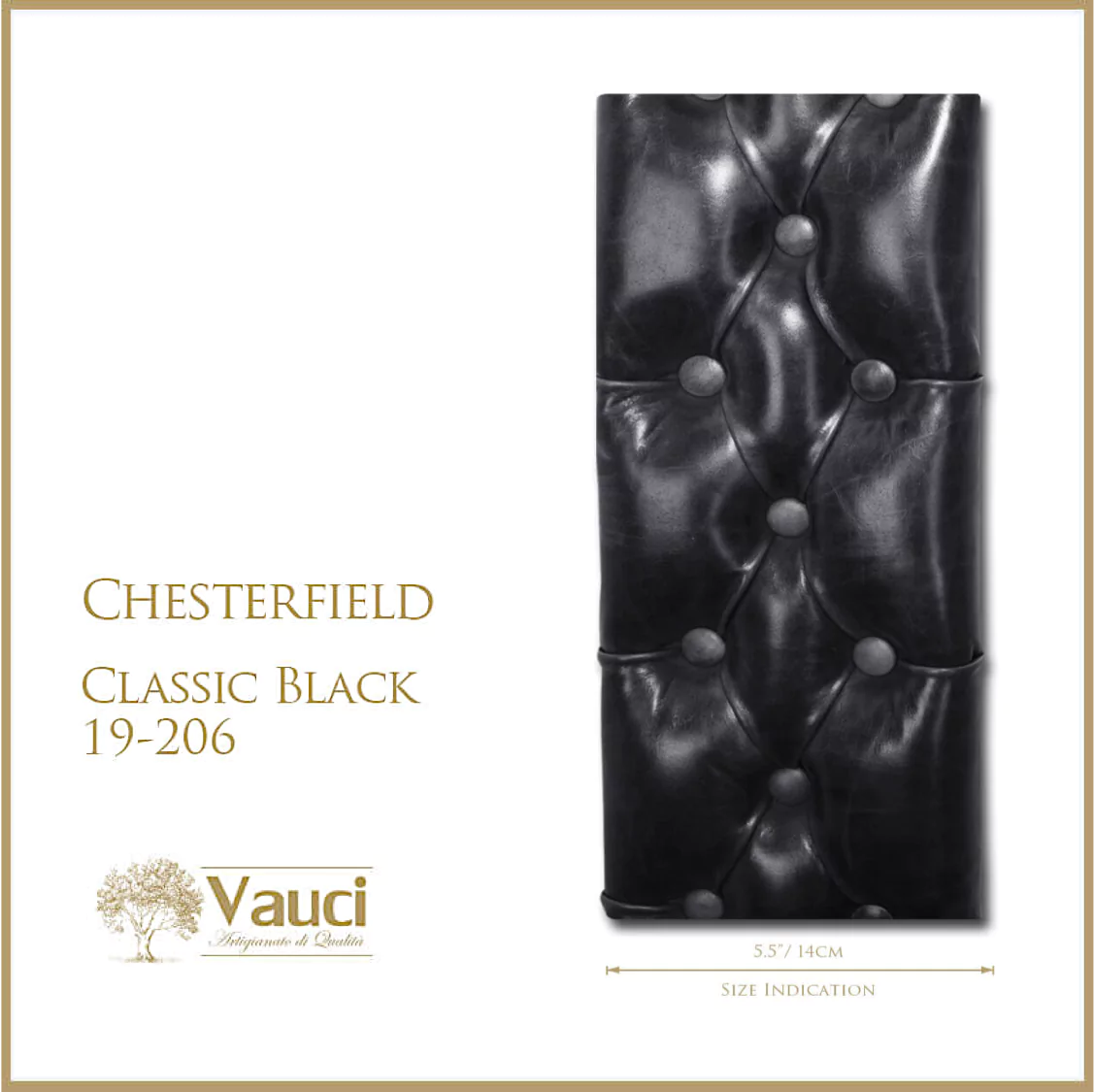 Chesterfield classic black vauci frame with its size indication on a white background.