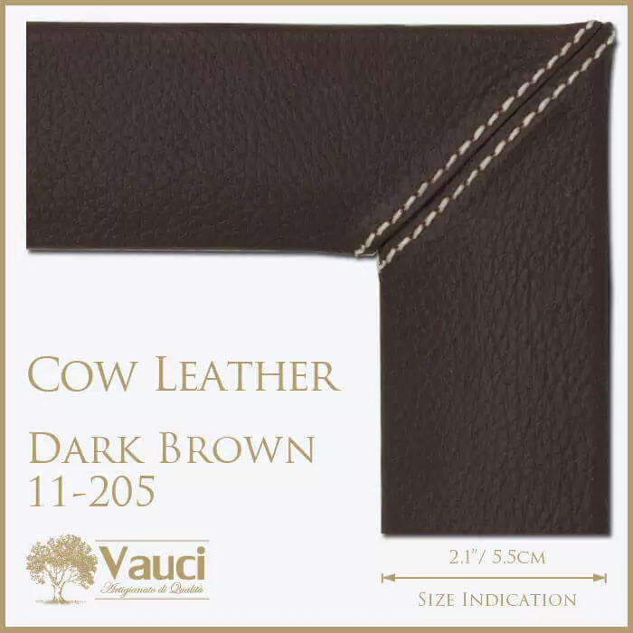 Cow leather dark brown vauci frame with its size indication on a white background.