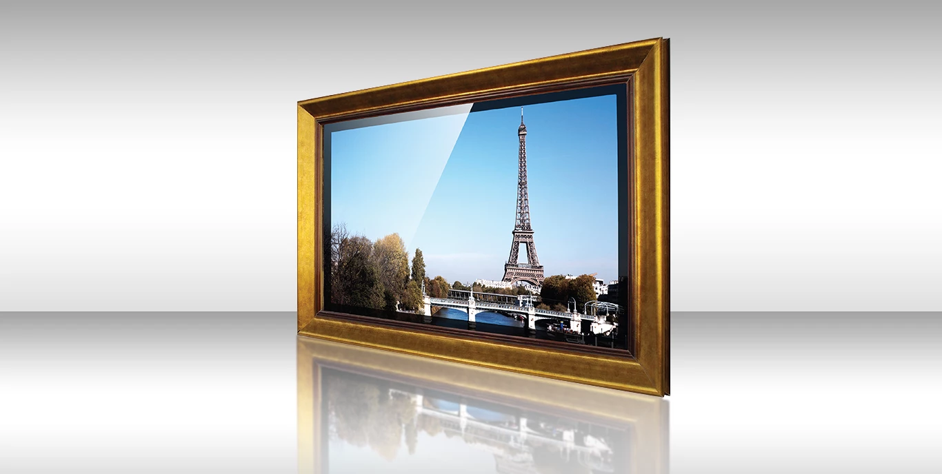 TV espejo con marco dorado Cacolo mostrando la Torre Eiffel de París.
