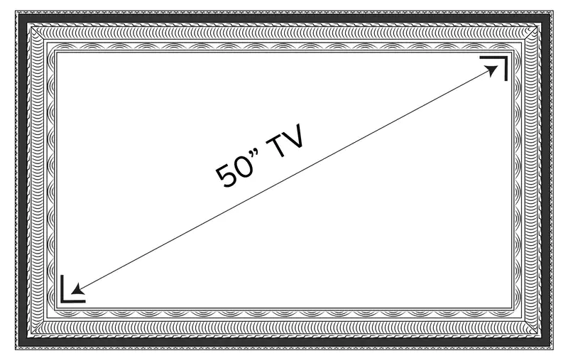 Esquema de un TV espejo de 50 pulgadas con un diseño de marco contemporáneo.